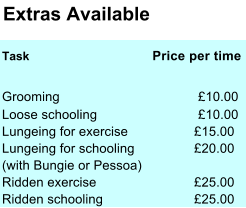 Extras Available Task       Price per time Grooming £10.00 Loose schooling £10.00 Lungeing for exercise £15.00 Lungeing for schooling £20.00 (with Bungie or Pessoa) Ridden exercise £25.00 Ridden schooling £25.00